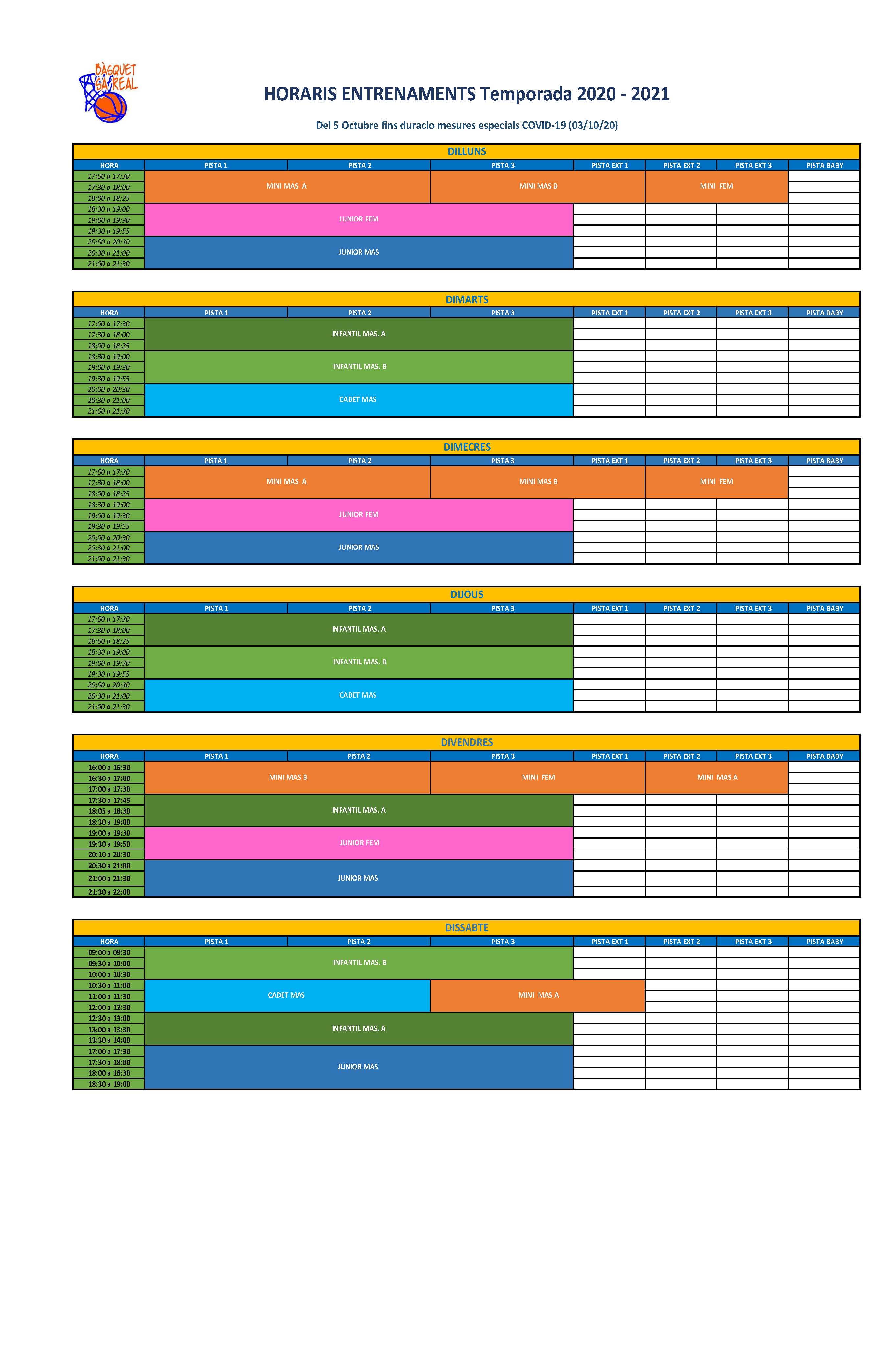HORARIOS Entrenos 2020 21 COVID 19